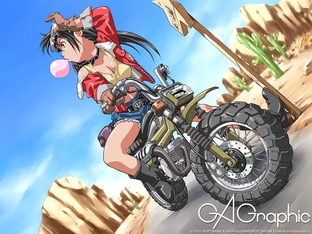 1girl black_hair blowing_bubbles boots breasts cactus chewing_gum cleavage cutoffs denim denim_shorts desert dirtbike female_focus gagraphic goggles happoubi_jin medium_breasts motor_vehicle motorcycle shorts solo vehicle