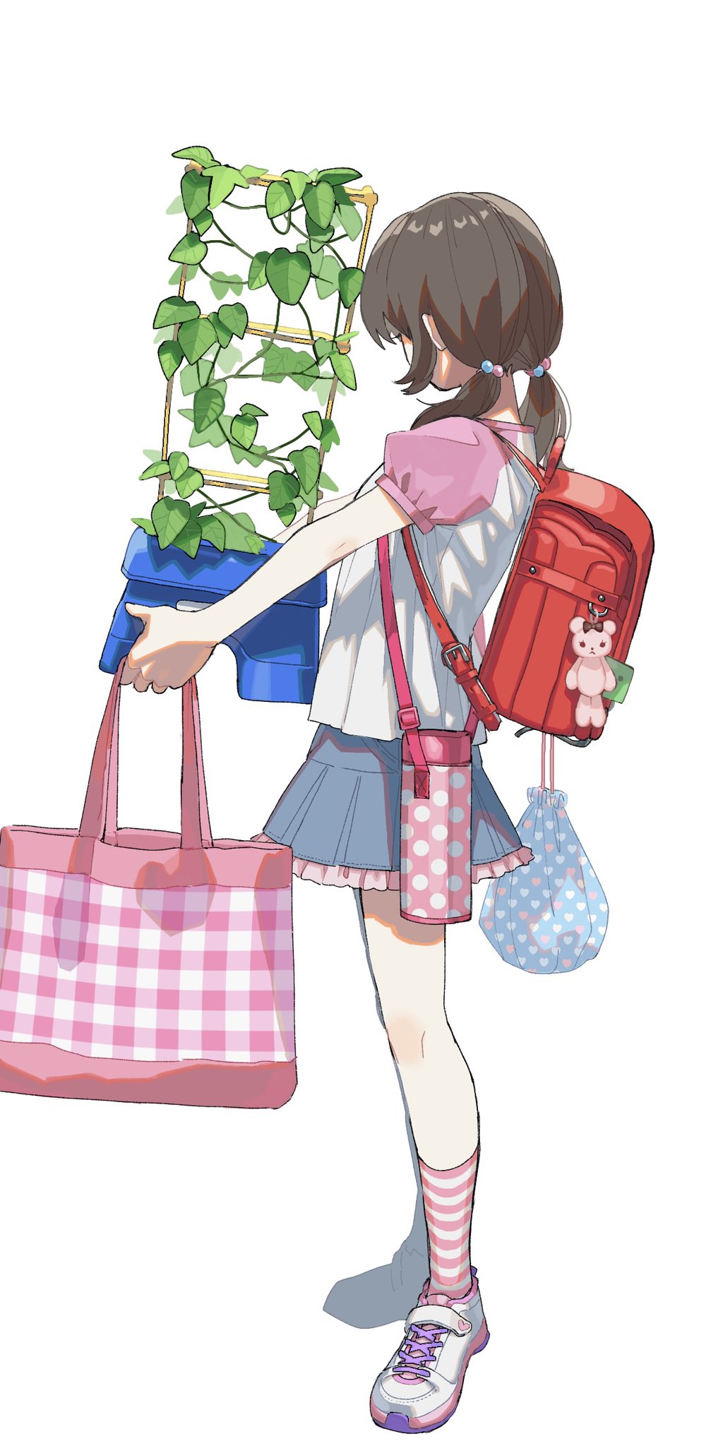 1girl backpack bag bag_charm blue_skirt brown_hair charm_(object) frilled_skirt frills hair_bobbles hair_ornament highres holding holding_bag medium_hair miniskirt original plaid_bag plant puffy_short_sleeves puffy_sleeves raglan_sleeves randoseru red_bag shirt shoes short_sleeves simple_background skirt socks solo standing striped_clothes striped_socks trellis twintails white_background white_shirt white_shoes yoshioka_suke