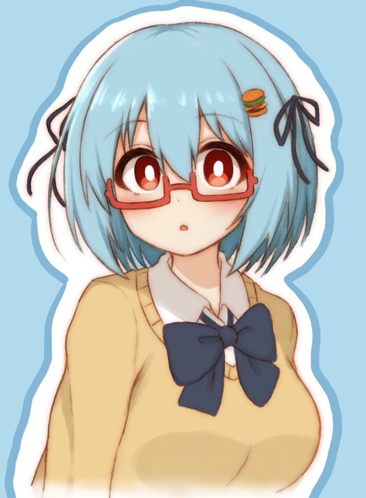 1girl black_bow black_bowtie blue_hair blush bow bowtie breasts burger_hair_ornament cardigan collared_shirt food-themed_hair_ornament glasses hair_ornament hamburger-chan_(hundredburger) hokutoro64 looking_at_viewer medium_breasts original parted_lips red-framed_eyewear red_eyes semi-rimless_eyewear shirt short_hair solo under-rim_eyewear white_shirt