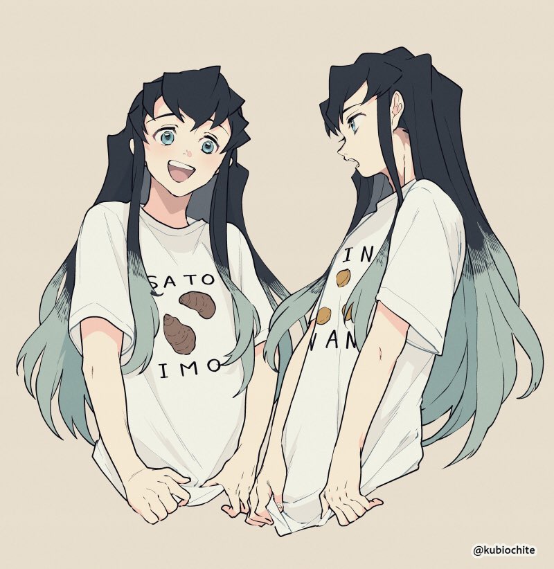 2boys :d aqua_eyes aqua_hair black_hair brothers casual clothes_writing cropped_torso dalc_rose kimetsu_no_yaiba long_hair looking_at_another male_focus multicolored_hair multiple_boys open_mouth print_shirt profile shirt shirt_tug short_sleeves siblings sidelocks simple_background smile t-shirt tokitou_muichirou tokitou_yuichirou twins twitter_username two-tone_hair