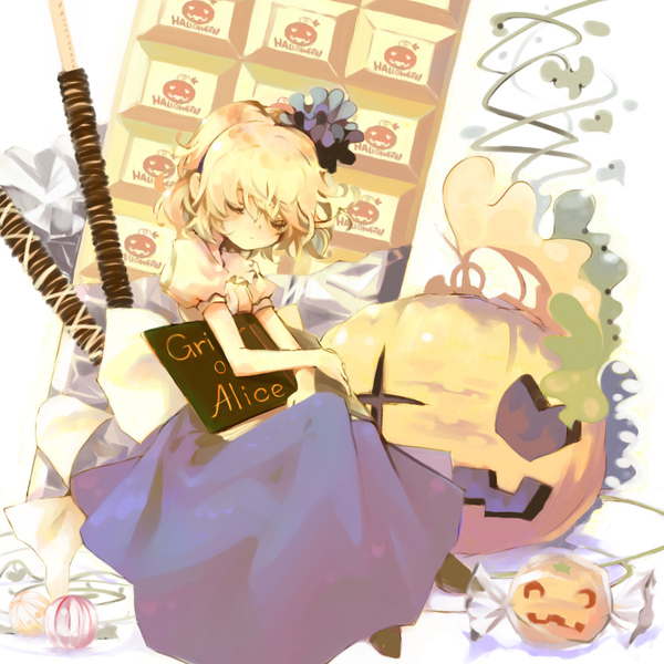 1girl blonde_hair book candy chocolate dress closed_eyes female_focus food halloween pocky pumpkin saya_(sayaya) short_hair sleeping solo sweets white_background