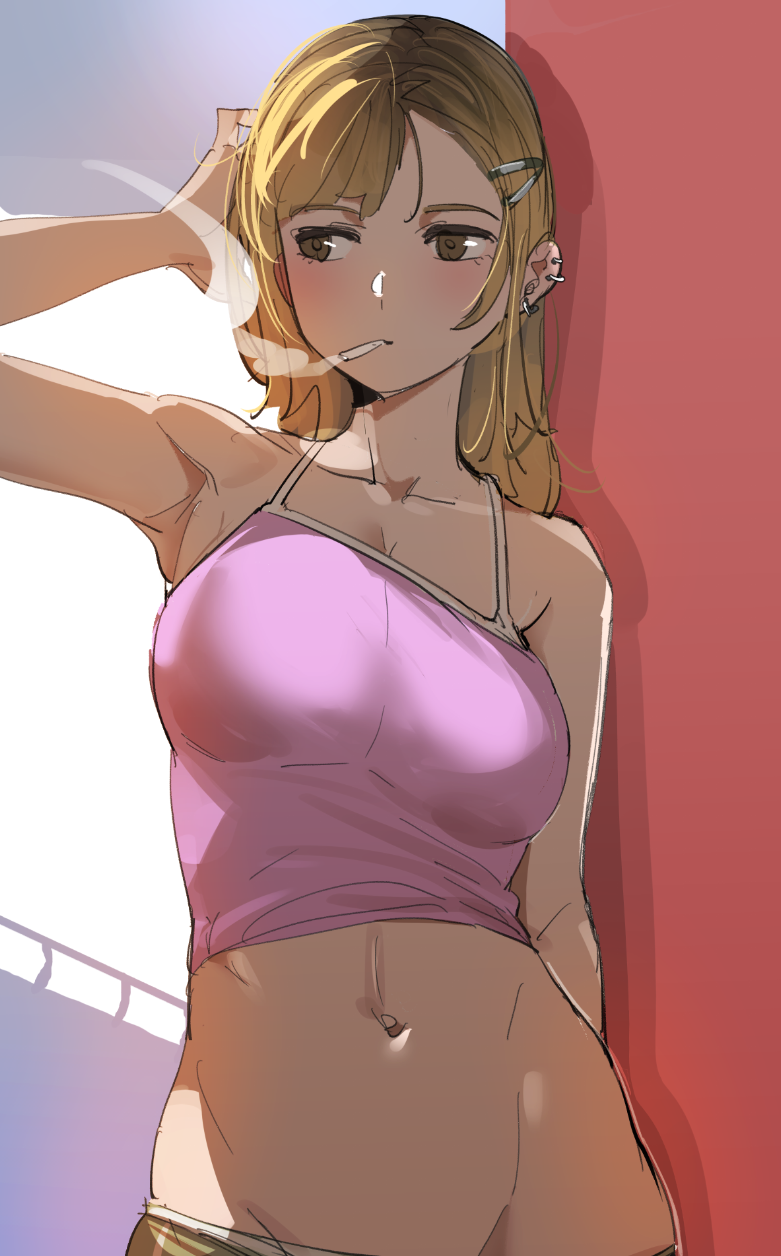 1girl arm_up bare_shoulders blonde_hair blush bow_(bhp) breasts brown_eyes brown_hair camisole cigarette commentary_request cowboy_shot crop_top ear_piercing hair_ornament hairclip hand_on_own_head highres large_breasts long_hair midriff mouth_hold navel original piercing pink_camisole smoke smoking solo stomach