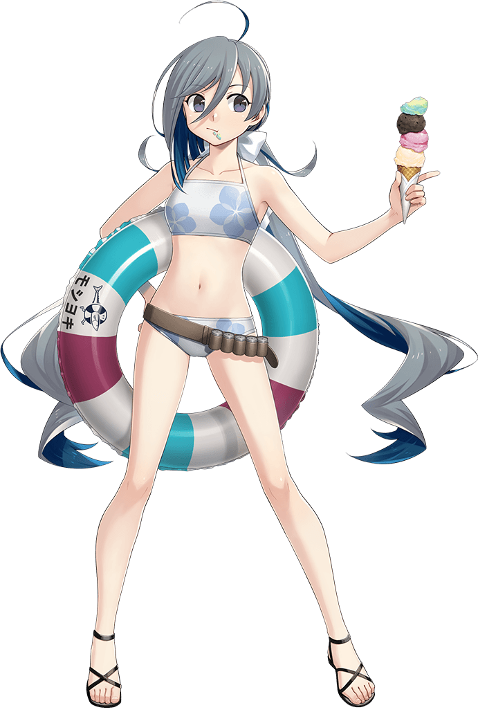 1girl ahoge ammunition_belt belt bikini brown_belt feet flat_chest floral_print food food_on_face fujikawa full_body grey_eyes grey_hair hair_between_eyes hair_bun hand_on_own_hip ice_cream ice_cream_cone innertube kantai_collection kiyoshimo_(kancolle) kiyoshimo_kai_ni_(kancolle) kiyoshimo_kai_ni_(swimsuit_mode)_(kancolle) legs long_hair low_twintails official_art sandals solo standing swim_ring swimsuit tachi-e third-party_source toeless_footwear toes transparent_background twintails utility_belt very_long_hair white_bikini