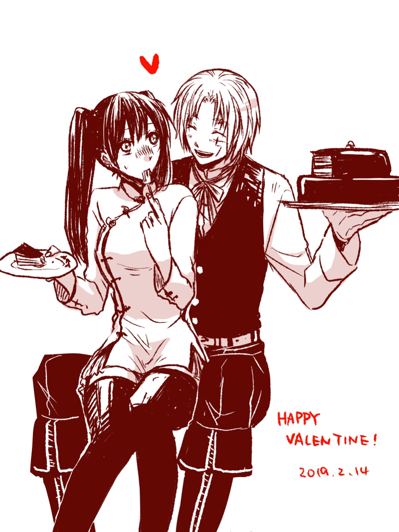 1boy 1girl allen_walker asukawvm belt black_hair black_pants black_thighhighs black_vest boots cake cake_slice closed_eyes d.gray-man dress dress_shirt facial_mark food fork gloves heart holding holding_food holding_fork holding_plate lenalee_lee long_hair neckerchief open_mouth pants plate shirt smile thighhighs twintails vest white_dress white_gloves white_hair white_shirt zettai_ryouiki