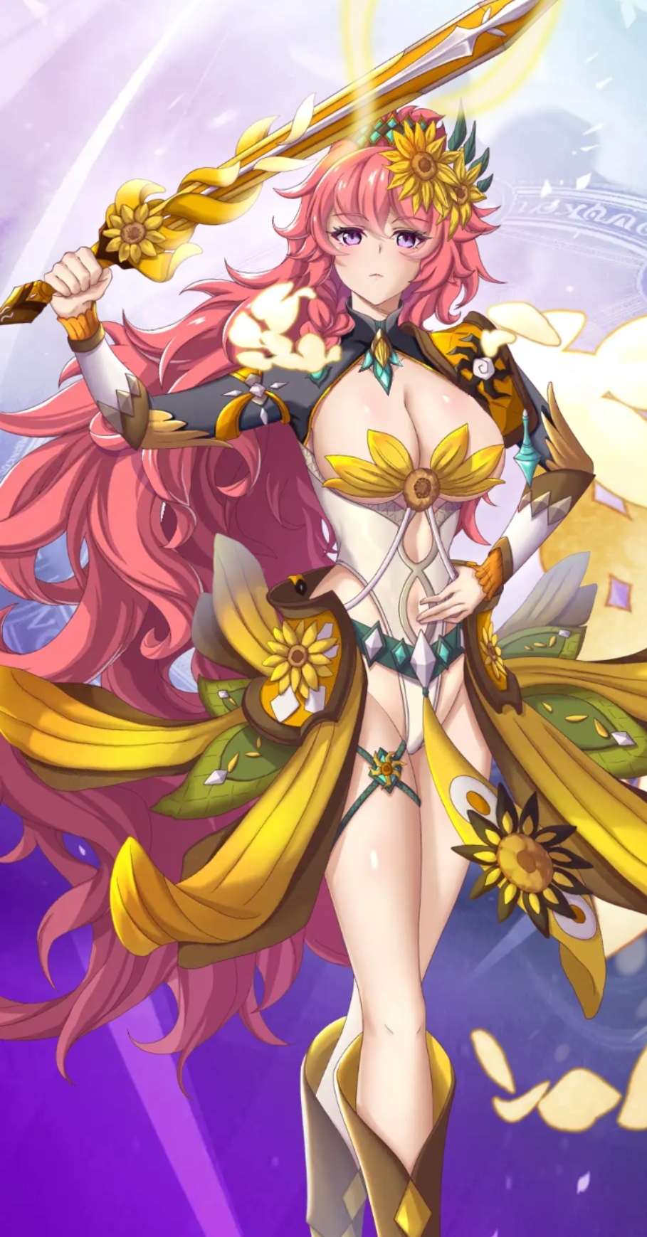 1girl bloom_(queen&#039;s_blade) breasts cleavage floral_dress flower highres large_breasts long_hair navel non-web_source official_art pink_hair purple_eyes queen&#039;s_blade queen&#039;s_blade_limit_break thighs very_long_hair yellow_flower