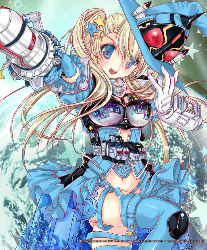 1girl blonde_hair blue_eyes breasts female_focus frills gloves hair_ornament hairclip hat holding holding_sword holding_weapon kamen_rider kamen_rider_fourze kamen_rider_fourze_(series) large_breasts navel personification shisaki_tayu side_ponytail solo sword thighhighs weapon wizard_hat