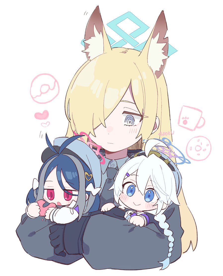 3girls 48okku ahoge animal_ear_fluff animal_ears black_gloves black_jacket blonde_hair blue_archive blue_eyes blue_hair blue_hat blush braid closed_mouth doughnut food fubuki_(blue_archive) gloves grey_hair hair_ornament hair_over_one_eye halo hat heart heart_hair_ornament jacket kanna_(blue_archive) kirino_(blue_archive) long_hair long_sleeves mini_person minigirl multiple_girls notched_ear open_mouth red_eyes signature simple_background single_braid smile very_long_hair white_background white_hair