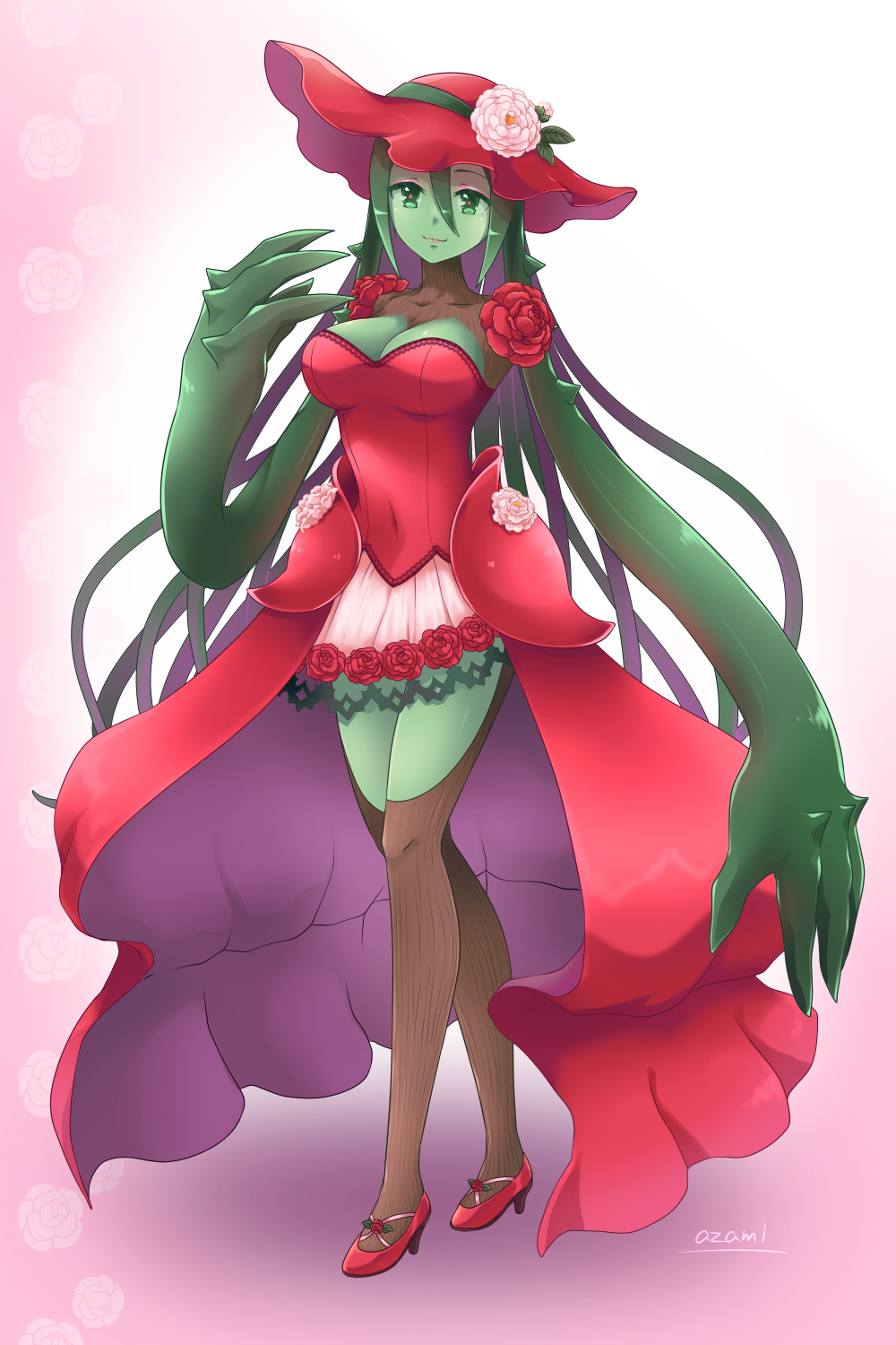 1girl artist_name breasts brown_thighhighs cleavage closed_mouth covered_navel crossed_legs eyeshadow fewer_digits flower flower_trim full_body green_eyes green_hair hair_between_eyes hand_up hat hat_flower high_heels highres large_breasts leaf long_hair makeup miniskirt monster_girl original overskirt pink_eyeshadow pink_flower pink_lips pink_skirt plant_girl red_flower red_footwear red_hat red_pupils red_rose ribbed_legwear rose shoes skirt smile solo standing strapless sun_hat thighhighs thorns togeshiro_azami very_long_hair watson_cross