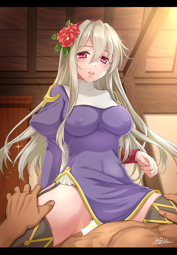 1boy 1girl 20nigu black_thighhighs blonde_hair blush breasts commentary_request covered_erect_nipples dress feet_out_of_frame flower garter_straps habit hair_between_eyes hair_flower hair_ornament hand_on_another&#039;s_thigh indoors juliet_sleeves large_breasts letterboxed long_hair long_sleeves looking_to_the_side open_mouth paid_reward_available priest_(ragnarok_online) puffy_sleeves purple_dress ragnarok_online red_eyes red_flower shiny_skin signature solo_focus thighhighs