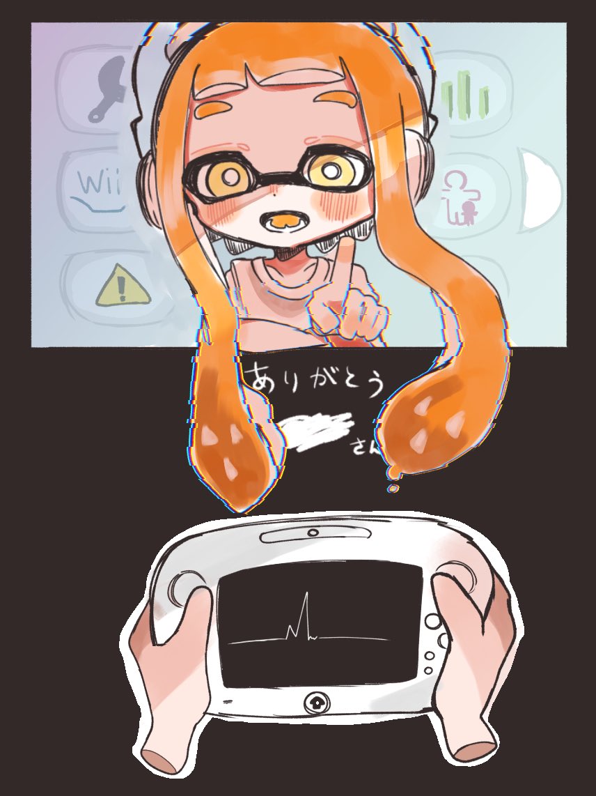 1girl blush bright_pupils collarbone colored_tongue game_console hand_up headphones index_finger_raised inkling inkling_girl inkling_player_character long_hair looking_at_viewer lower_teeth_only nintendo open_mouth orange_hair orange_tongue pointing pointing_at_viewer pomepome_05 shirt short_sleeves splatoon_(series) splatoon_1 t-shirt teeth tentacle_hair very_long_hair white_pupils white_shirt wii_u wii_u_gamepad yellow_eyes