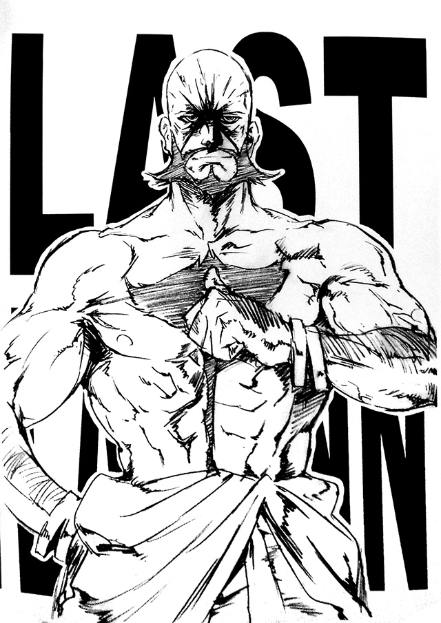 00s 1boy bald beard facial_hair greyscale lordgenome male_focus monochrome muscular official_art pointing scan topless_male solo tengen_toppa_gurren_lagann