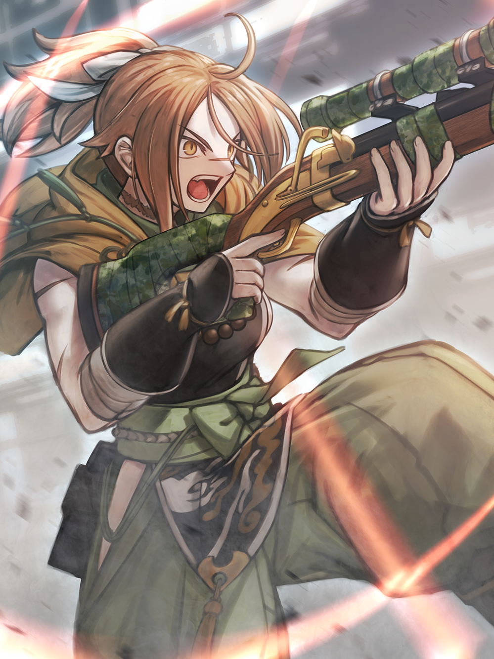 1girl ahoge bandaged_arm bandages brown_eyes brown_hair fate/grand_order fate_(series) firefight green_pants gun hair_ribbon hakama hakama_pants highres hip_vent japanese_clothes musket obi pants ponytail ribbon rifle rope_belt sash scar scar_on_arm scar_on_face scar_on_neck scar_on_nose scarf shoori_(migiha) sideless_outfit sniper_rifle sugitani_zenjubou_(fate) sugitani_zenjubou_(third_ascension)_(fate) triceps weapon wrist_guards wrist_wrap