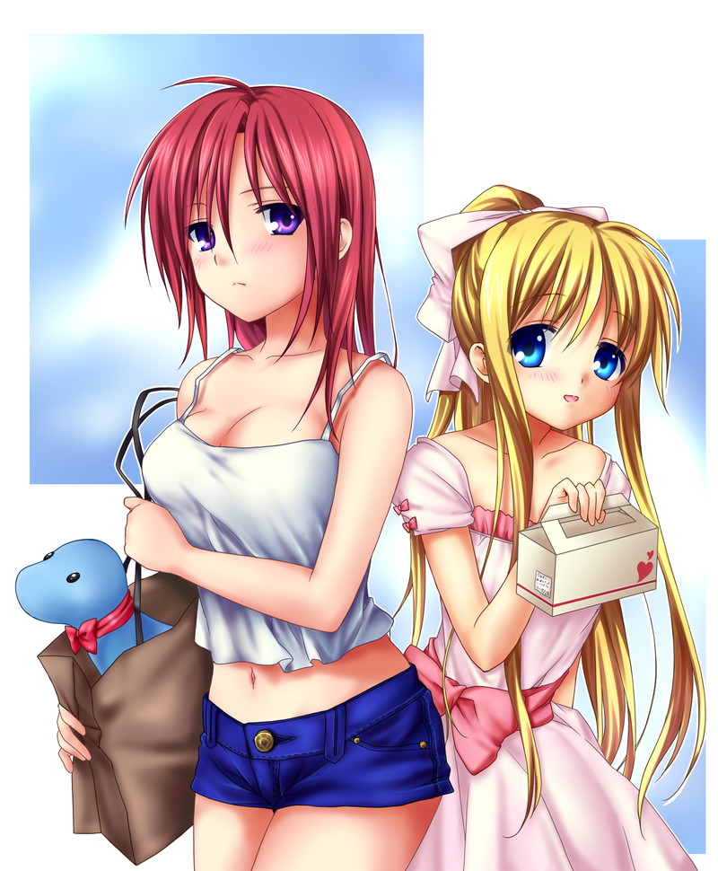 00s 2girls air_(visual_novel) bag blonde_hair blue_eyes box breasts casual cleavage dinosaur dress hair_ribbon kamio_haruko kamio_misuzu large_breasts long_hair multiple_girls navel nfr ponytail purple_eyes red_hair ribbon short_hair short_shorts shorts stuffed_animal stuffed_toy