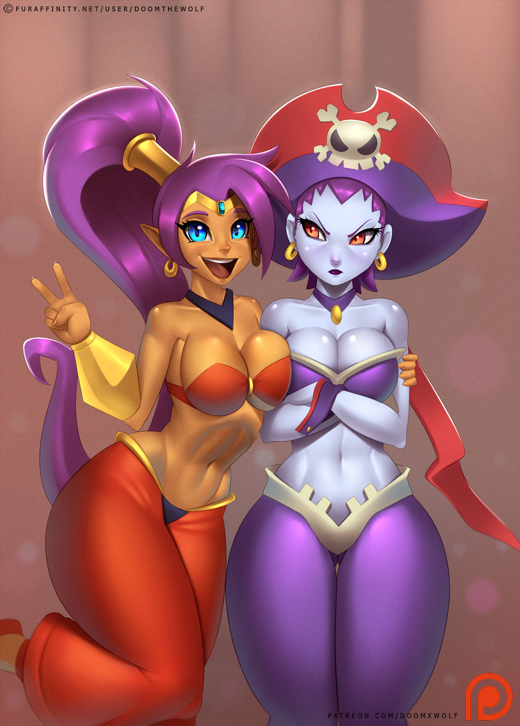 2girls blue_eyes bracer breasts colored_skin dark-skinned_female dark_skin doom_x_wolf earrings female_focus hat highres jewelry large_breasts long_hair multiple_girls pirate pirate_hat pointy_ears ponytail purple_hair purple_skin red_eyes risky_boots shantae shantae_(series) thick_thighs thighs v