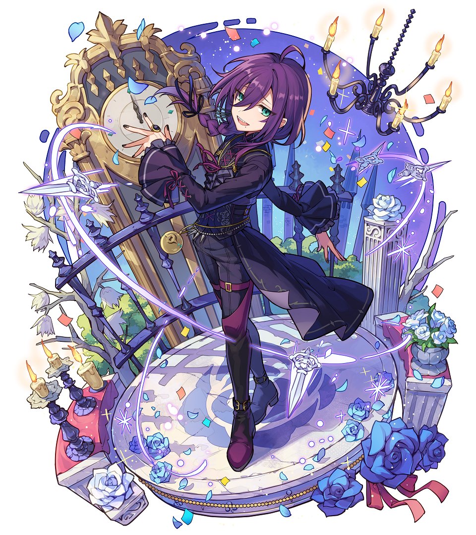 1boy ahoge aqua_eyes arm_behind_back ascot ayase_mayoi bell_sleeves belt black_ascot black_cape black_jacket black_nails black_pants black_ribbon blue_flower boots braid cape chain_belt clock cross-laced_clothes cross-laced_sleeves crossover deformed diorama ensemble_stars! flower frilled_ascot frills full_body furrowed_brow gradient_footwear grandfather_clock hair_between_eyes hair_ribbon half-closed_eyes hand_up jacket jewelry light_smile long_hair long_sleeves looking_at_viewer male_focus merc_storia official_art open_mouth pants plant platform pleated_cape potted_plant ribbon ring side_braid side_cape solo standing teeth thigh_belt thigh_boots thigh_strap upper_teeth_only waist_cape white_flower wind