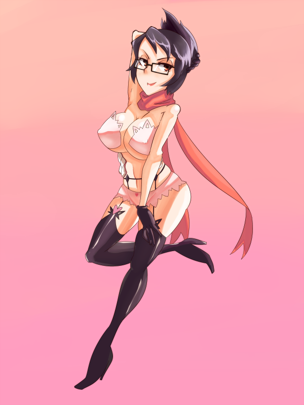 1girl black_hair boots breasts cleavage covered_erect_nipples esp_(hidaryuhidaryu) female_focus folded_ponytail garter_straps glasses high_heel_boots high_heels large_breasts pasties red_eyes reverge_labs scarf shoes short_hair skullgirls smile solo stiletto_heels teeth thigh_boots thighhighs venus_(skullgirls)