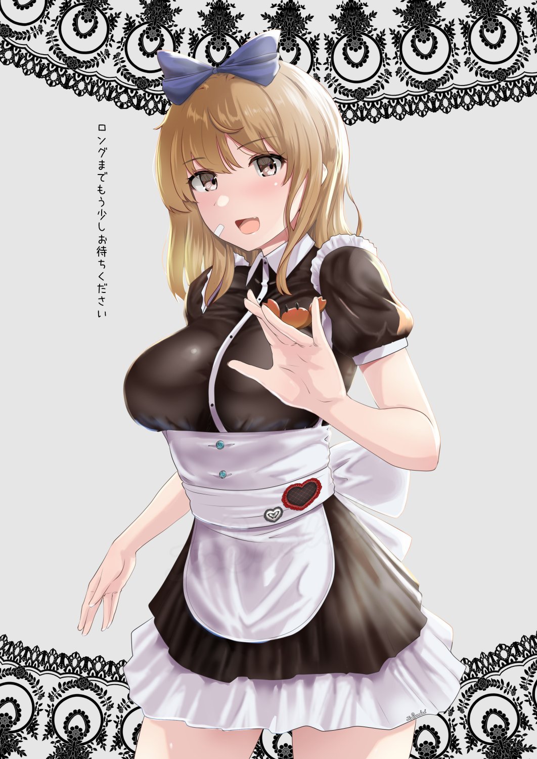 1girl alternate_costume apron bandaid bandaid_on_face black_dress blush breasts brown_eyes brown_hair cowboy_shot crab dress enmaided frilled_apron frilled_dress frills grey_background hair_ornament highres jouzaburou_(joe3) kantai_collection looking_at_viewer maid maid_apron maid_headdress medium_breasts medium_hair oboro_(kancolle) open_mouth puffy_short_sleeves puffy_sleeves short_sleeves smile waist_apron white_apron wrist_cuffs