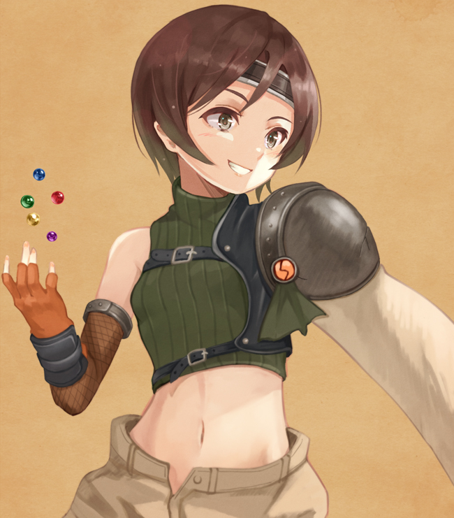 1girl armor bare_shoulders blush breasts brown_background brown_gloves brown_hair brown_shorts commentary contrapposto cowboy_shot final_fantasy final_fantasy_vii fingerless_gloves fishnets gloves green_eyes grin headband light_blush looking_afar materia midriff navel open_fly purea ribbed_sweater short_hair shorts sleeveless sleeveless_turtleneck small_breasts smile solo sweater tossing turtleneck yuffie_kisaragi