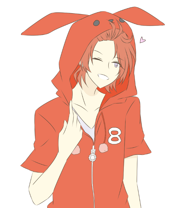 10s 1boy ;) adjusting_clothes animal_hood bad_id bad_pixiv_id hazuki_you_(tsukiuta) hood hooded_jacket jacket looking_to_the_side male_focus one_eye_closed rabbit_hood red_hair ren_(friends-love) simple_background smile solo tsukino_talent_production tsukiuta upper_body white_background