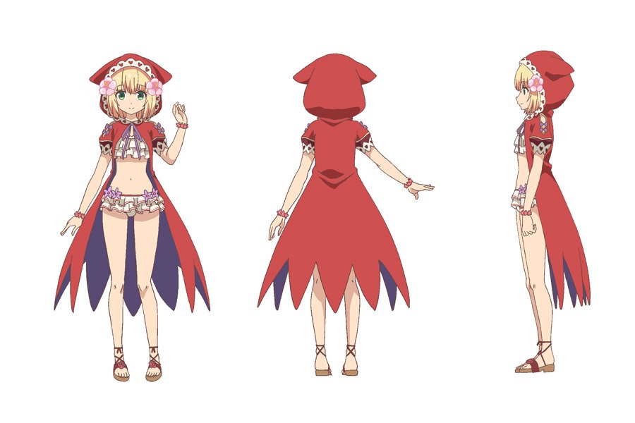 1girl bikini bracelet flower frilled_bikini frills green_eyes grimms_notes grimms_notes_the_animation hair_flower hair_ornament hooded_swimsuit jewelry kawashima_hisashi little_red_riding_hood_(anime)_(grimms_notes) multiple_views navel official_art red_hood rose sandals swimsuit