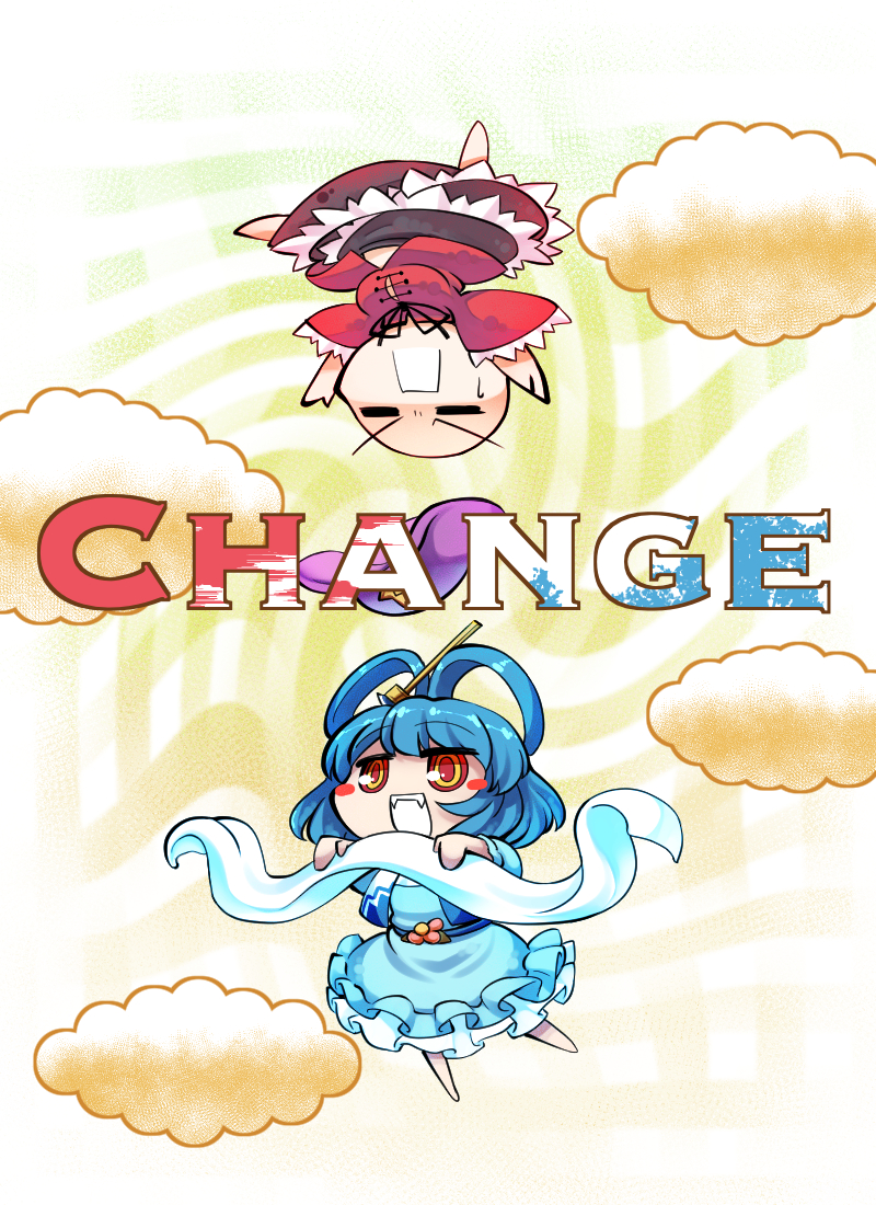 2girls =_= arms_up bald barefoot black_skirt blue_dress blue_hair blush_stickers cloud colored_sclera commentary_request cosplay costume_switch dress english_text fangs flying frills hair_ornament hair_stick hat unworn_hat unworn_headwear kaku_seiga kaku_seiga_(cosplay) kashuu_(b-q) long_sleeves miyako_yoshika miyako_yoshika_(cosplay) multiple_girls open_mouth outstretched_arms red_sclera red_shirt scarf shirt short_hair skirt sweat touhou upside-down vest wide_sleeves yellow_eyes