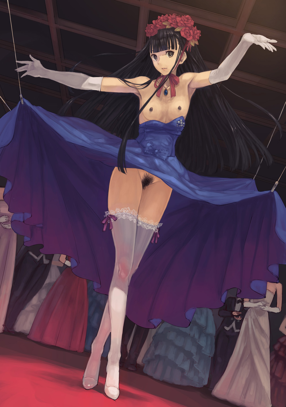 1girl brown_eyes brown_hair character_age dark_nipples dress dutch_angle elbow_gloves female_pubic_hair flat_chest flower gloves head_wreath high_heels highres indoors jewelry karasuma_sachiko long_hair moderate_pubic_hair nipples no_bra no_panties open_\m/ original outstretched_arms pendant pubic_hair public_indecency revealing_clothes rose solo_focus spread_arms thighhighs yuzawa zenra