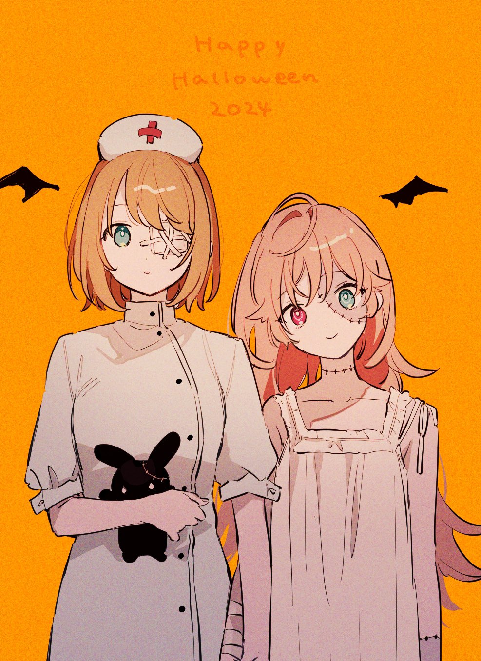 2024 2girls aono_nachi bandaged_hand bandages bat_wings blue_eyes buttons closed_mouth commentary cropped cross dress english_commentary halloween halloween_costume happy_halloween hat head_tilt heterochromia highres holding holding_stuffed_toy kagari_mimi kimi_ga_shinu_made_koi_wo_shitai long_hair looking_at_viewer mixed-language_commentary multiple_girls nurse nurse_cap official_art orange_background orange_hair parted_lips pink_eyes pink_hair red_cross short_hair short_sleeves side-by-side smile square_neckline stitched_face stitched_neck stitches straight-on stuffed_animal stuffed_toy totsuki_shiina white_dress white_hat wings zombie