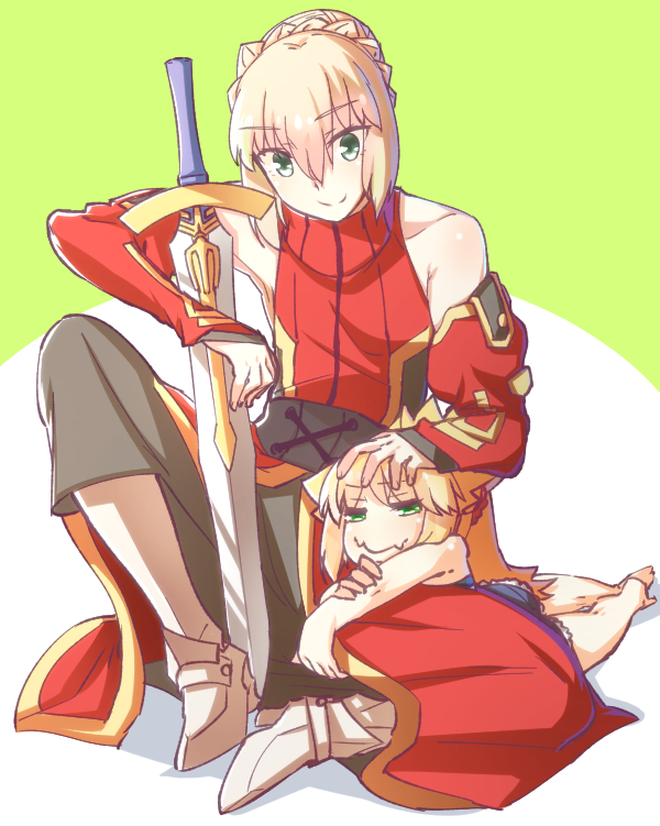 1boy 1girl animal_ears armored_boots blonde_hair boots braid cat_ears chibi detached_sleeves fate/apocrypha fate/prototype fate_(series) french_braid green_eyes grey_background headpat kemonomimi_mode lap_pillow looking_at_another mordred_(fate) mordred_(fate/apocrypha) mordred_(fate/prototype) simple_background sitting sword weapon yamany