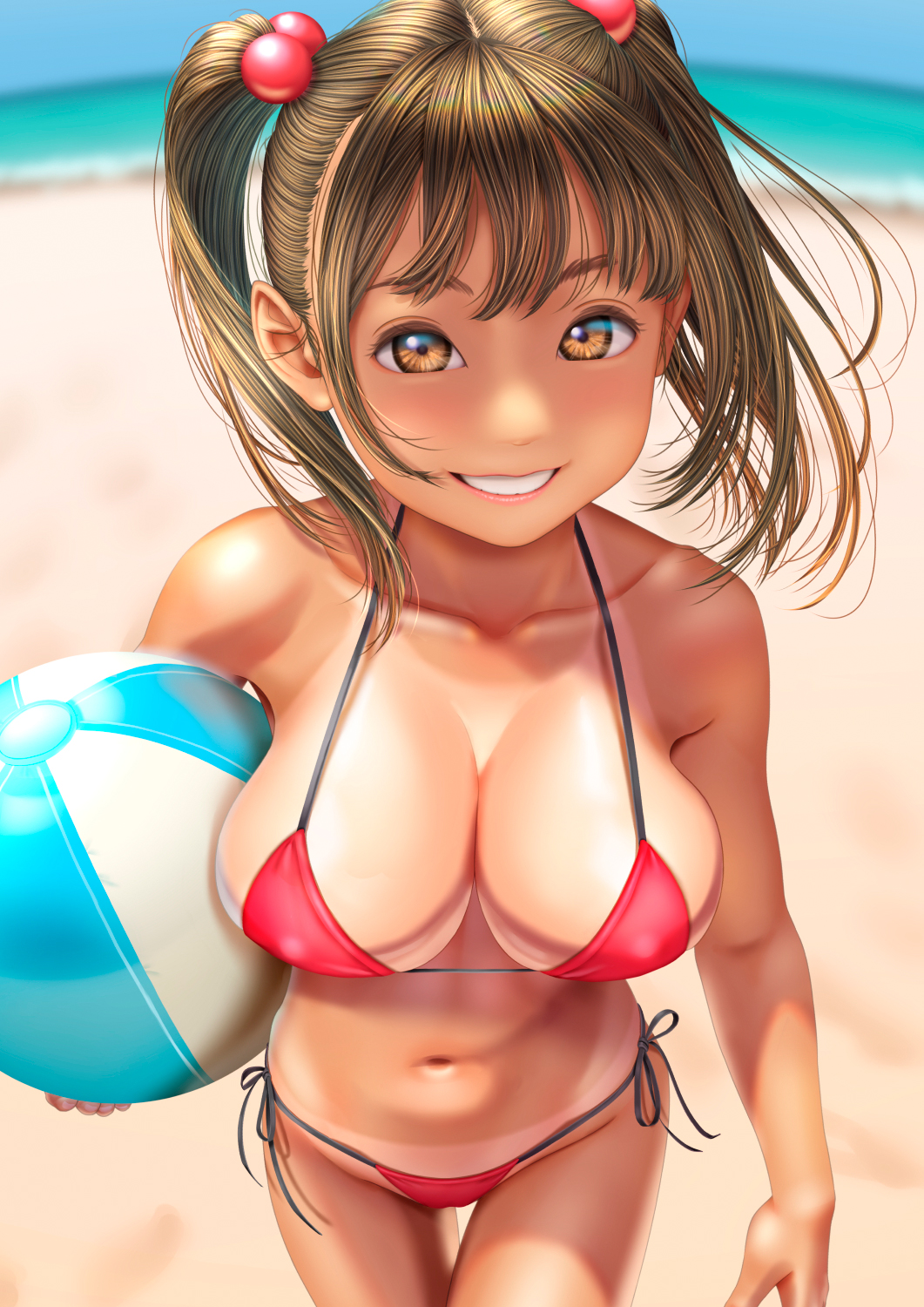 1girl ball beach beachball bikini blurry blurry_background breasts brown_eyes brown_hair cleavage collarbone commentary commentary_request english_commentary highres holding holding_ball large_breasts medium_hair mixed-language_commentary navel original side-tie_bikini_bottom smile solo standing stomach swimsuit tan tanline teeth twintails uzuki_mei