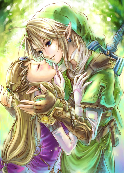 1boy 1girl blonde_hair blue_eyes blush couple dress earrings closed_eyes fingerless_gloves gloves hetero iwaki_saori jewelry kiss link long_hair master_sword nintendo pointy_ears princess_zelda ribbon sword_hilt the_legend_of_zelda the_legend_of_zelda:_ocarina_of_time tiara tunic