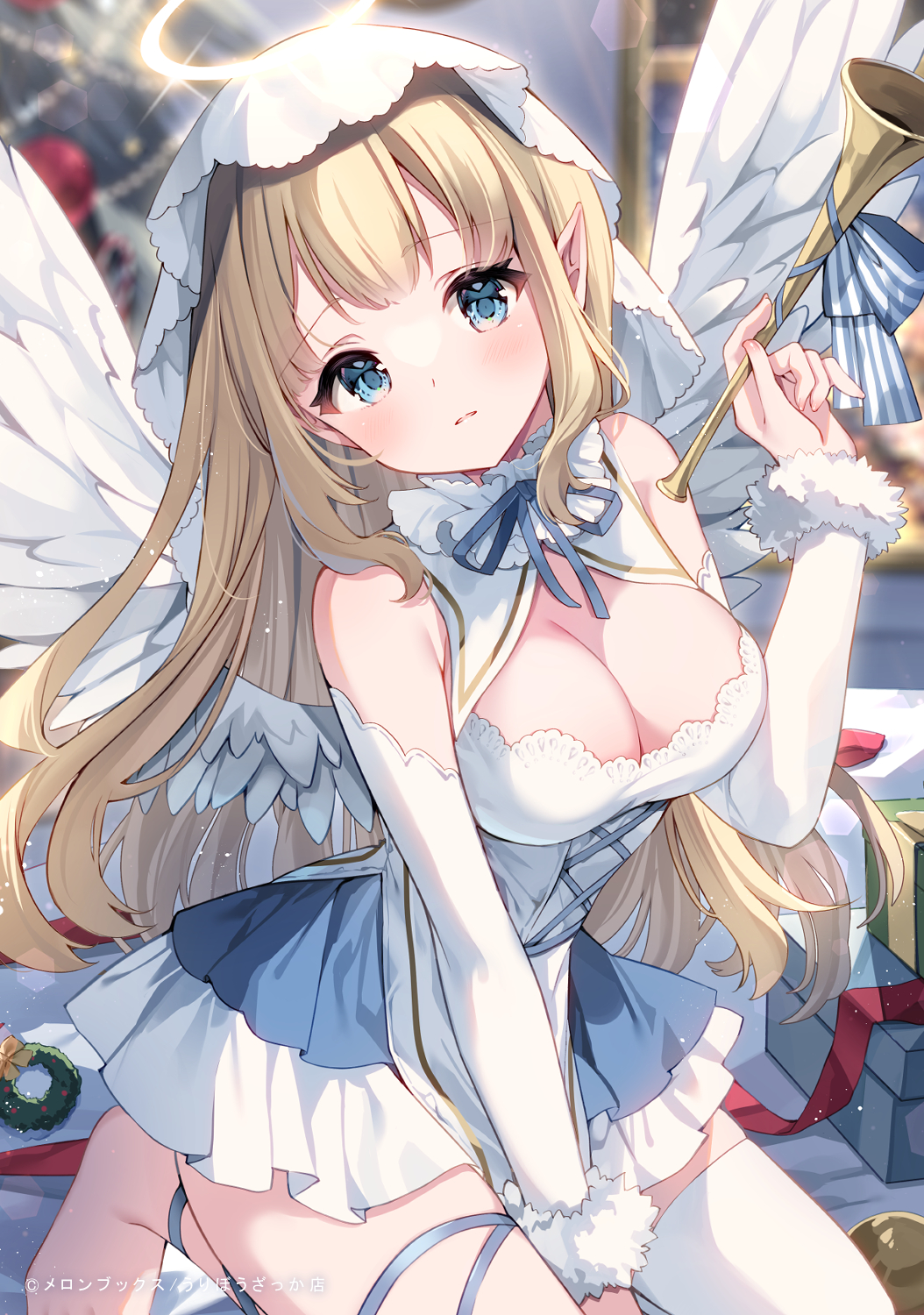 1girl angel angel_wings asymmetrical_legwear between_legs blonde_hair blue_dress blue_eyes blue_ribbon blurry blurry_background blush box breasts christmas christmas_tree cleavage cleavage_cutout clothing_cutout commentary cowboy_shot detached_sleeves dress feathered_wings fingernails floating_hair frilled_dress frills fur-trimmed_sleeves fur_trim gift gift_box halo hand_between_legs hand_up head_tilt headscarf highres holding holding_instrument holding_trumpet indoors instrument irori large_breasts leg_ribbon long_hair long_sleeves looking_at_viewer melonbooks mismatched_legwear original parted_lips pointy_ears ribbon sidelocks sitting sleeveless sleeveless_dress solo sparkle tareme thigh_ribbon thighhighs trumpet very_long_hair white_sleeves white_thighhighs white_wings wings yellow_halo zettai_ryouiki