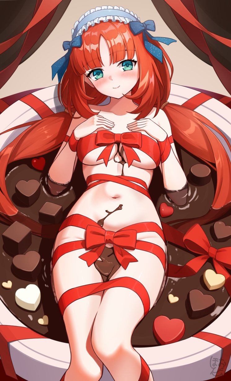 1girl aqua_eyes blue_bow blue_hairband blush bow breasts chocolate chocolate_on_body closed_mouth collarbone commentary english_commentary food_on_body frilled_hairband frills genshin_impact hairband hand_on_own_chest highres hobio long_hair looking_at_viewer lying medium_breasts naked_ribbon navel nilou_(genshin_impact) on_back parted_bangs red_bow red_hair red_ribbon ribbon signature smile solo stomach very_long_hair