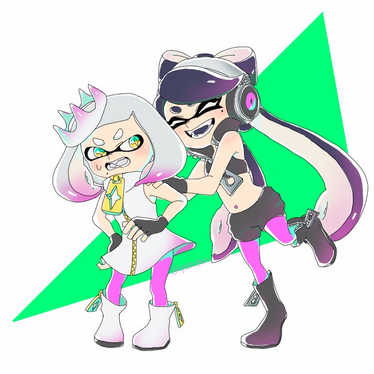 2girls alternate_costume callie_(splatoon) cosplay crown fingerless_gloves gloves hand_on_another&#039;s_shoulder inkling long_hair looking_at_another marina_(splatoon) marina_(splatoon)_(cosplay) multiple_girls navel nintendo pearl_(splatoon) splatoon_(series) splatoon_2 tenchou_(sakai) tentacle_hair zipper_pull_tab