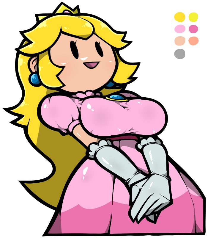 1girl :d black_eyes blonde_hair blue_brooch blue_gemstone breasts color_guide crown dress earrings elbow_gloves gem gloves grey_gloves jewelry large_breasts mario_(series) name_omoitukan2 nintendo no_nose open_mouth own_hands_together paper_mario pink_dress princess princess_peach puffy_short_sleeves puffy_sleeves shiny_skin short_sleeves simple_background smile solid_oval_eyes solo taut_clothes taut_dress thick_lineart v_arms white_background