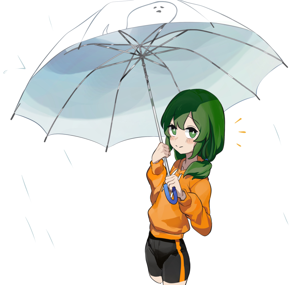 1girl alternate_hairstyle black_shorts blush closed_mouth cropped_legs flat_chest green_eyes green_hair holding holding_umbrella hood hoodie igarashi_futaba_(shiromanta) long_sleeves looking_at_viewer low_twintails medium_hair mo0o0rae notice_lines orange_hoodie rain senpai_ga_uzai_kouhai_no_hanashi shorts simple_background single_vertical_stripe smile solo twintails umbrella white_background white_umbrella