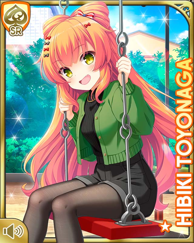 1girl :d black_pantyhose black_ribbon black_shorts black_sweater bow card_(medium) character_name day fang girlfriend_(kari) green_eyes green_jacket hair_bow jacket official_art open_mouth orange_hair outdoors pantyhose qp:flapper red_bow ribbon shorts sitting smile sweater swing_set tagme toyonaga_hibiki