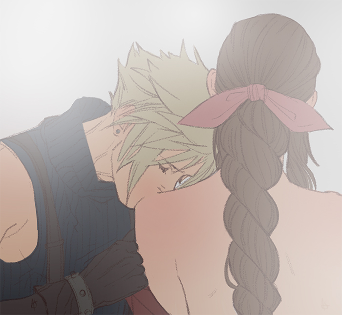 1boy 1girl aerith_gainsborough ashley_swidowski blonde_hair braid brown_hair cloud_strife couple earrings closed_eyes final_fantasy final_fantasy_vii final_fantasy_vii_remake from_behind gloves hair_ribbon jewelry kissing_shoulder long_hair pink_ribbon pulling_at_clothes ribbon sidelocks simple_background sleeveless sleeveless_turtleneck square_enix suspenders turtleneck