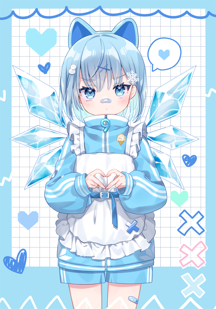 1girl alternate_costume animal_ears apron bandaid bandaid_on_face bandaid_on_nose blue_eyes blue_hair blue_shorts blue_theme blush cat_day cat_ears cirno closed_mouth commentary cowboy_shot enmaided frilled_apron frills heart heart_hands ice ice_wings jacket jersey_maid long_sleeves looking_at_viewer maid mimi_(mimi_puru) short_hair shorts solo spoken_heart touhou track_jacket unconventional_maid white_apron wings