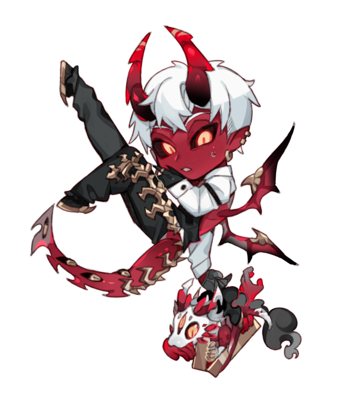 1boy 21_ke animal animal_feet backless_outfit black_gloves black_pants black_sclera black_wings chibi chinese_commentary colored_sclera colored_skin creature demon_boy demon_horns demon_tail demon_wings dragon ear_piercing earrings extra_eyes flying full_body gloves holding hooves horns jewelry knees_up leg_up long_sleeves looking_at_viewer male_focus multicolored_wings open_mouth orange_eyes original pants piercing pointy_ears red_horns red_skin red_wings shirt short_hair simple_background solo sweatdrop tail white_background white_hair white_shirt wings