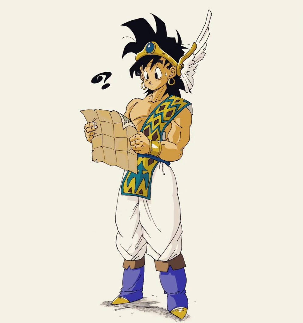 1boy ? abel_(dq) black_eyes black_hair blue_footwear boots bracelet commentary_request dragon_quest dragon_quest_yuusha_abel_densetsu earrings full_body gold_bracelet gold_earrings holding holding_map holding_paper hoop_earrings jewelry looking_down male_focus map medium_hair muscular muscular_male pants paper reading solo spiked_hair sweatdrop tcgf_04 toriyama_akira_(style) white_background white_pants winged_headwear