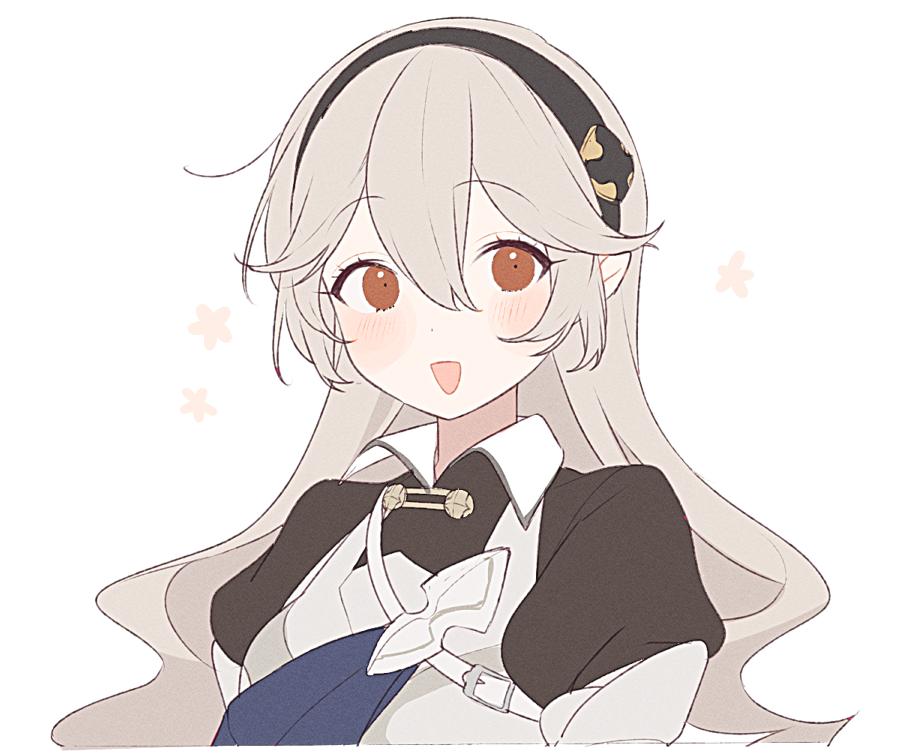 1girl armor black_hairband corrin_(female)_(fire_emblem) corrin_(fire_emblem) fire_emblem fire_emblem_fates hairband long_hair nintendo open_mouth red_eyes ryon_(ryonhei) simple_background solo upper_body white_background white_hair