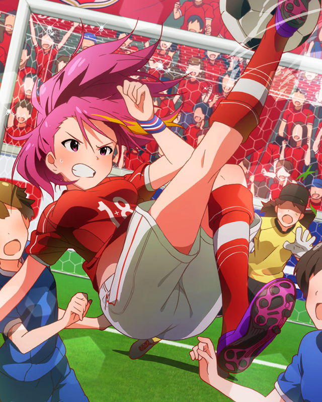 10s 4girls ball idolmaster idolmaster_million_live! kawakami_tetsuya maihama_ayumu multicolored_hair multiple_girls official_art pink_eyes pink_hair soccer_ball soccer_uniform sportswear wristband