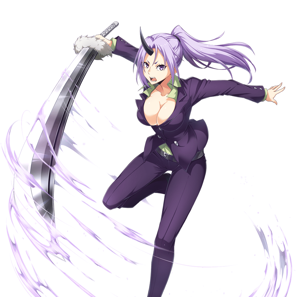 action attack black_horns black_horns breasts dark_skin green_shirt holding holding_weapon horn horns jacket large_breasts long_hair office_lady oni oni_girl oni_horn oni_horns open_clothes pants ponytail purple_eyes purple_hair purple_jacket purple_pants shion_(tensei_shitara_slime_datta_ken) shirt single_horn sword tensei_shitara_slime_datta_ken transparent_background weapon