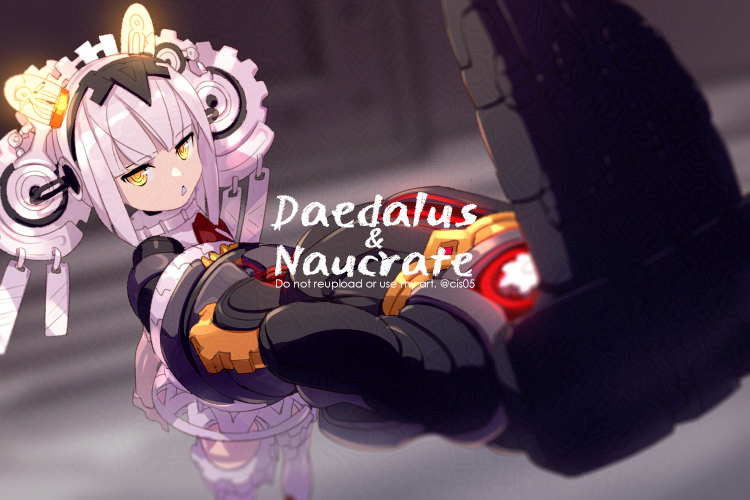 1girl android bare_shoulders blunt_bangs breasts character_name daedalus_(fate) dress echo_(circa) fate/grand_order fate_(series) gears hairband light_bulb looking_at_viewer mechanical_arms medium_hair naucrate_(fate) single_mechanical_arm small_breasts thighhighs thighs white_dress white_hair white_thighhighs yellow_eyes