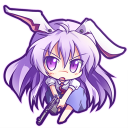 1girl ahoge animal_ears chibi female_focus gun handgun looking_at_viewer lowres mauser_c96 necktie purple_eyes purple_hair rabbit_ears reisen_udongein_inaba ryogo simple_background skirt solo touhou weapon white_background