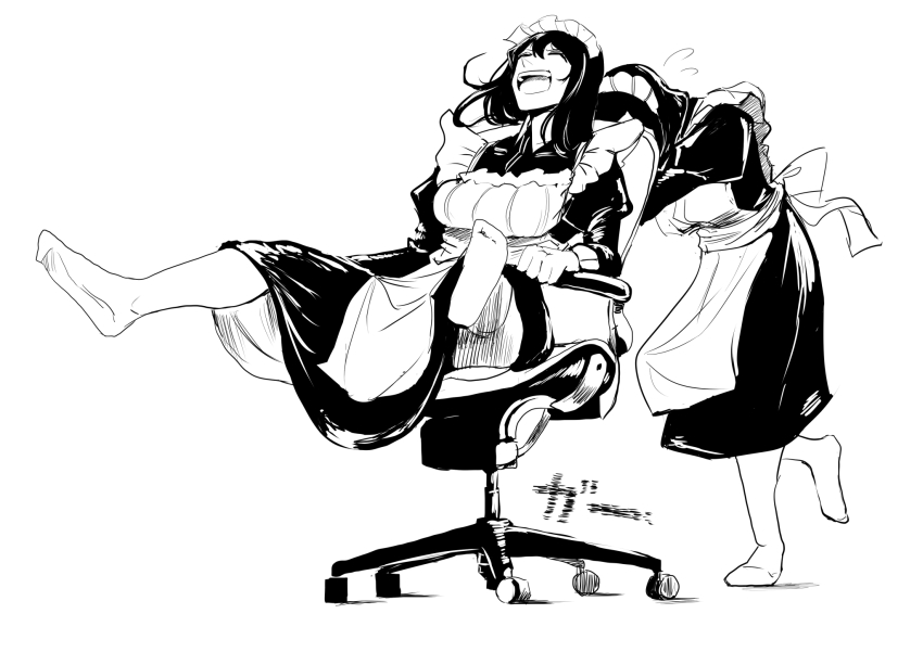 2girls apron chair commentary_request dress flying_sweatdrops fufu_(fufuichi04) greyscale highres juliet_sleeves long_dress long_sleeves maid maid_apron maid_headdress monochrome multiple_girls office_chair on_chair open_mouth original pantyhose puffy_sleeves pushing simple_background sitting swivel_chair