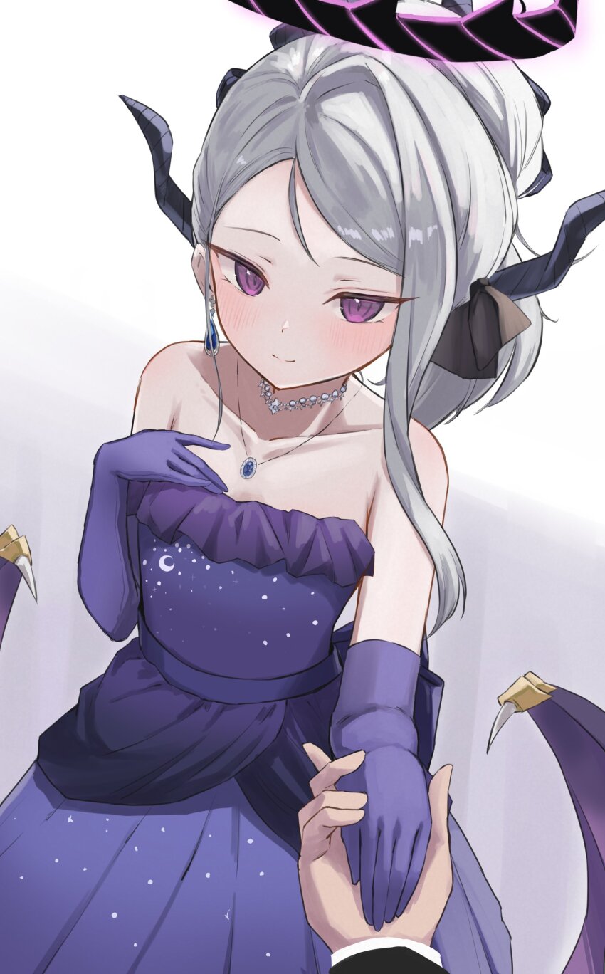 1girl 1other absurdres black_horns blue_archive blush closed_mouth collarbone demon_horns dress earrings elbow_gloves floating_earring gloves grey_hair halo highres hina_(blue_archive) hina_(dress)_(blue_archive) horns jewelry long_hair minazuki_(uraha246) multiple_horns necklace official_alternate_costume official_alternate_hairstyle pendant purple_dress purple_eyes purple_gloves smile solo_focus strapless strapless_dress