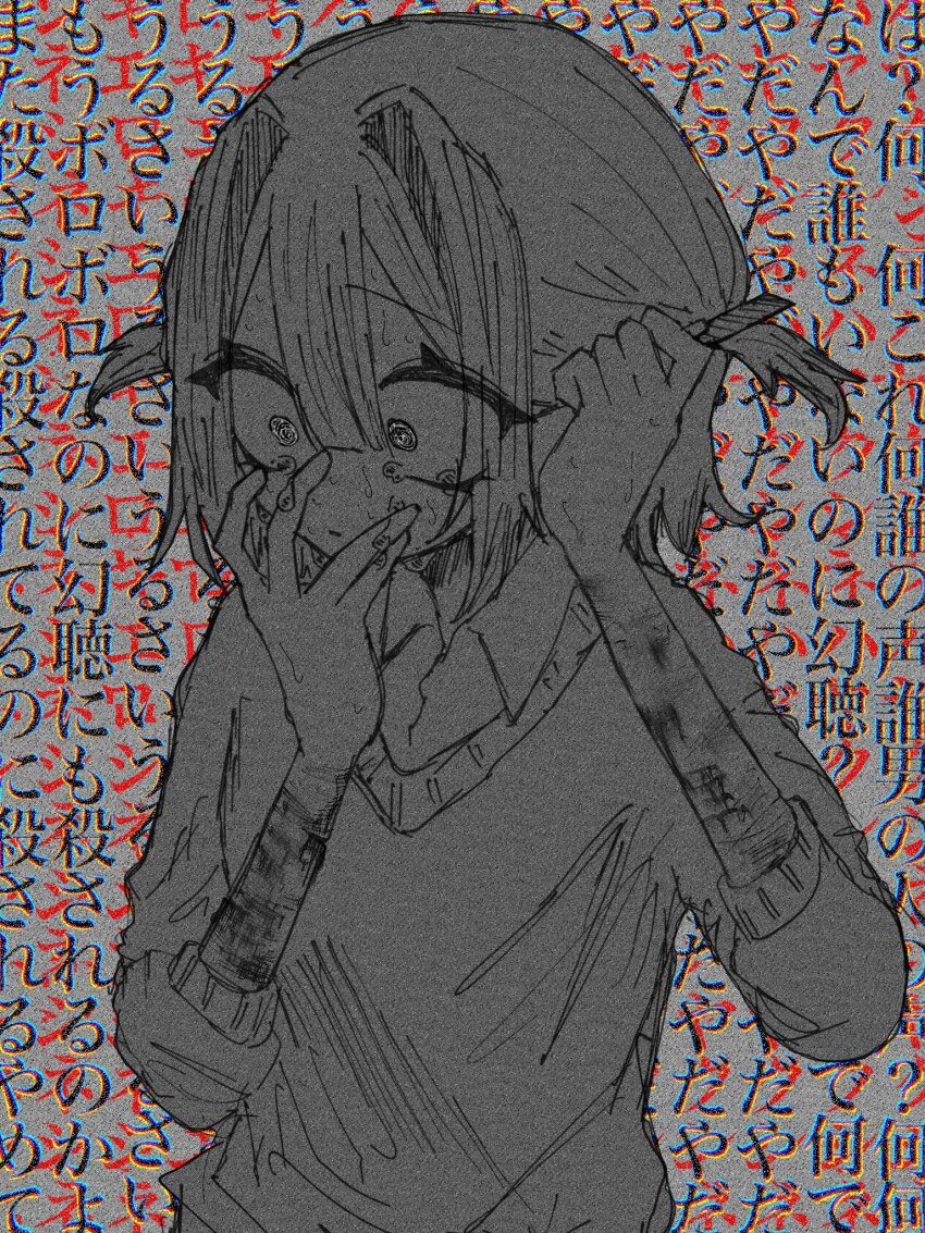 1girl bleeding blood blood_on_arm boxcutter collared_shirt crying crying_with_eyes_open expressionless greyscale hair_intakes highres holding holding_boxcutter holding_razor_blade injury long_sleeves monochrome original razor razor_blade scar scar_on_arm self-harm self-harm_scar shirt short_hair sleeves_rolled_up solo surprised sweater tears text_background translation_request two_side_up wide-eyed z_z_oo