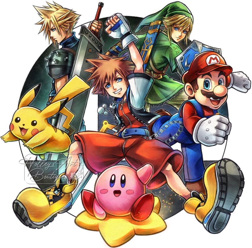 4boys arm_up blonde_hair blue_eyes brown_footwear brown_hair buster_sword cloud_strife commentary creature creatures_(company) english_commentary facial_hair final_fantasy final_fantasy_vii fingerless_gloves game_freak gen_1_pokemon gloves green_hat green_tunic grin hat highres hollypolllyy keyblade kingdom_hearts kingdom_key kirby kirby_(series) link long_sleeves looking_at_viewer male_focus mario mario_(series) master_sword multiple_boys mustache nintendo nomura_tetsuya_(style) pikachu pointy_hair pokemon pokemon_(creature) profile red_hat shoes smile sora_(kingdom_hearts) super_smash_bros. sword teeth the_legend_of_zelda tunic weapon white_gloves yellow_footwear