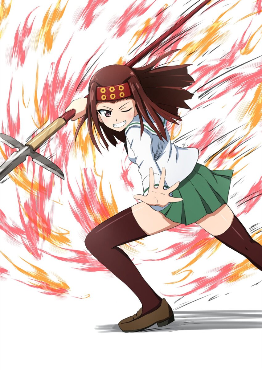 1girl black_scarf brown_eyes brown_footwear brown_hair fire girls_und_panzer green_skirt hair_ribbon hairband headband highres holding holding_polearm holding_weapon long_hair looking_at_viewer miniskirt naginata omachi_(slabco) one_eye_closed ooarai_school_uniform pleated_skirt polearm red_hairband red_thighhighs ribbon saemonza_(girls_und_panzer) sanada_clan_(emblem) scarf school_uniform serafuku skirt smile thighhighs weapon white_serafuku